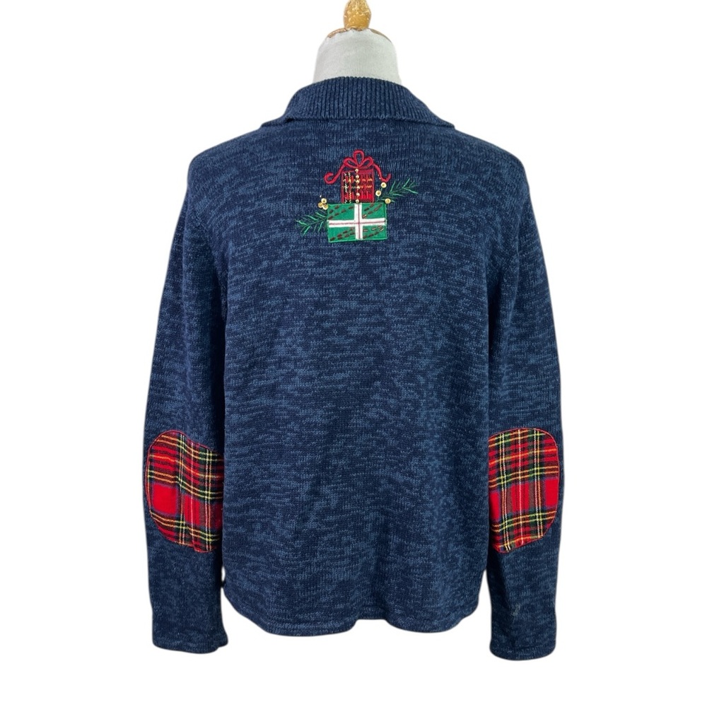 Vtg Christmas Cardigan Sweater M Blue Knit Zip Up Holiday Elbow Patch Cardinal - Picture 4 of 8